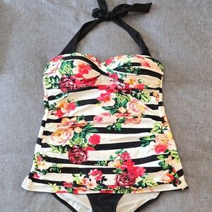 Jantzen Black and White Stripe Floral  One Piece Size 14